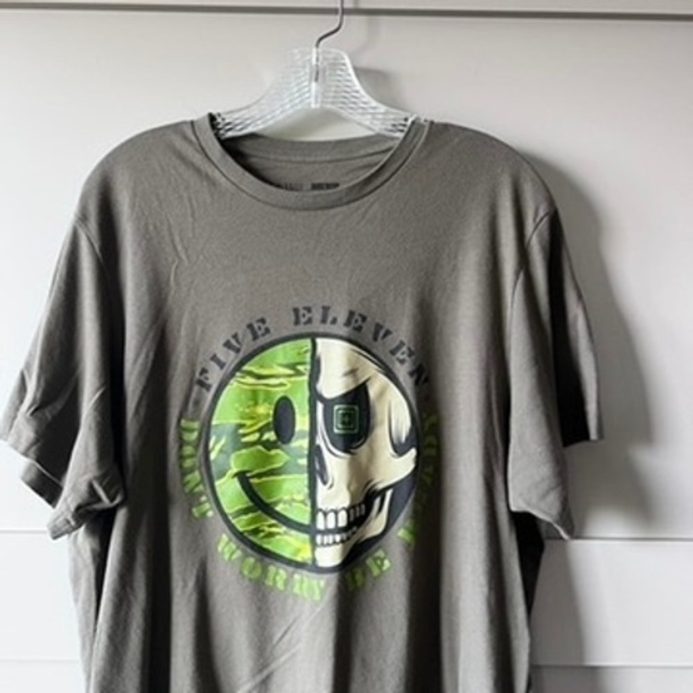 5.11 Tactical Mens Gray Graphic T-Shirt Skull Smiley Face Don't Worry Be Ready L - Picture 3 of 8